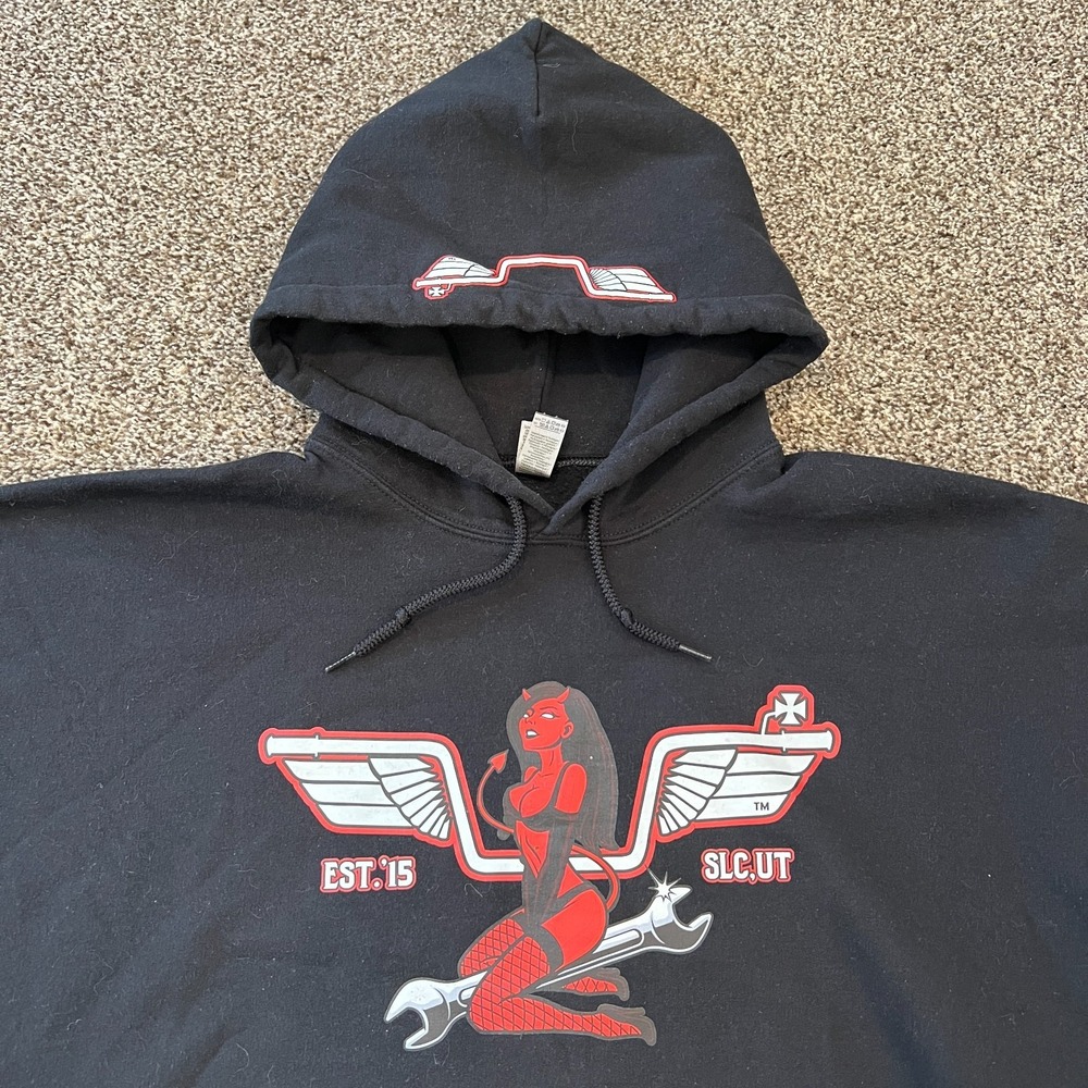 The Chapel Motorcycle Shop Hoodie 2XL XXL Devil Lady Biker Riding Utah SLC